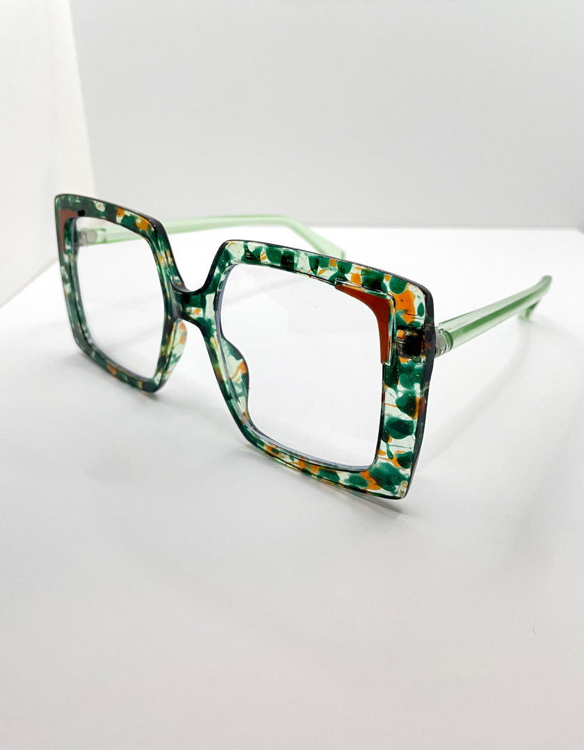 Eze Oversized Green Terrazzo Transparent Lens Glasses