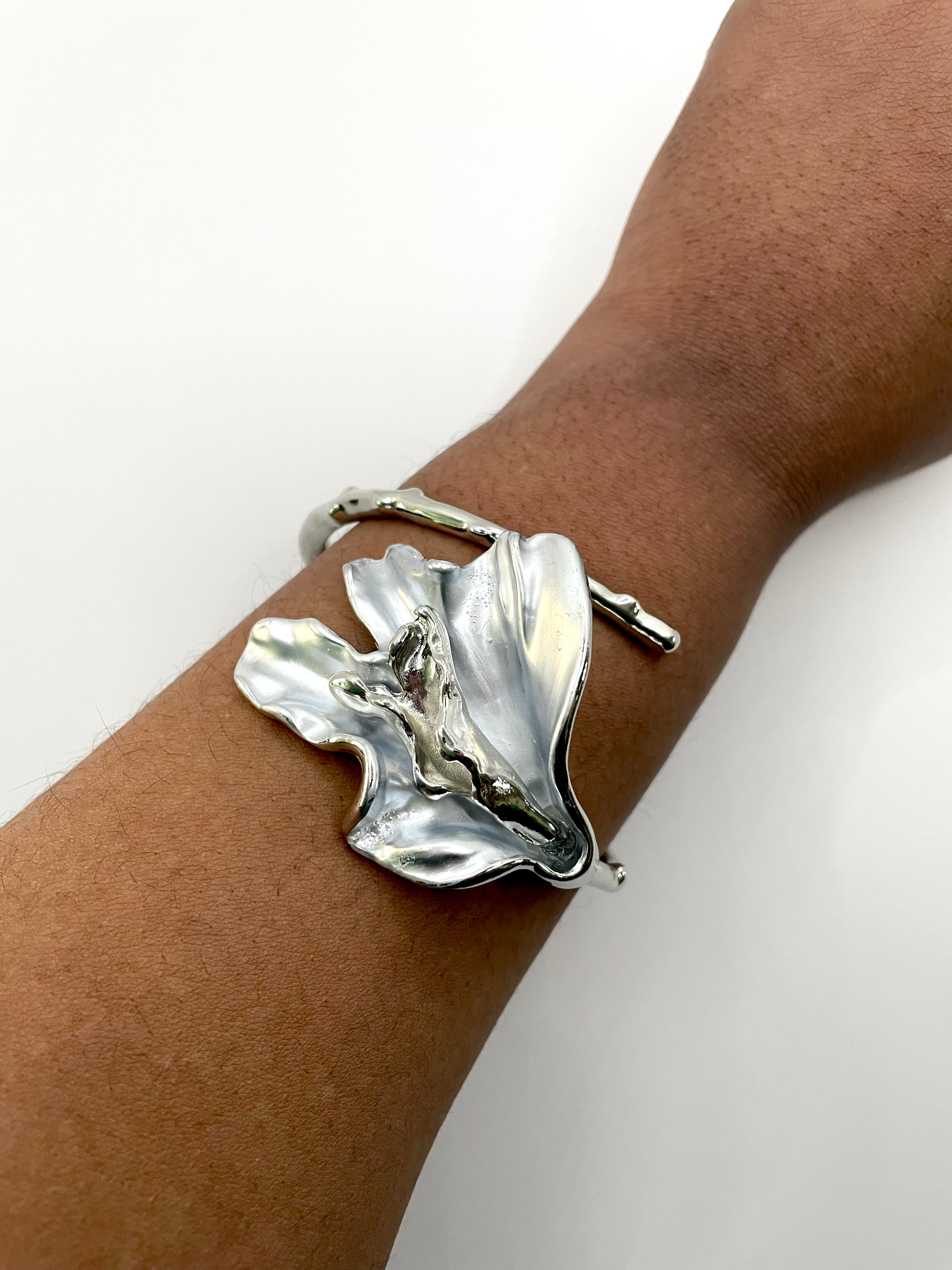 Lerato Silver & White Hand Painted Flower Wrist Cuff