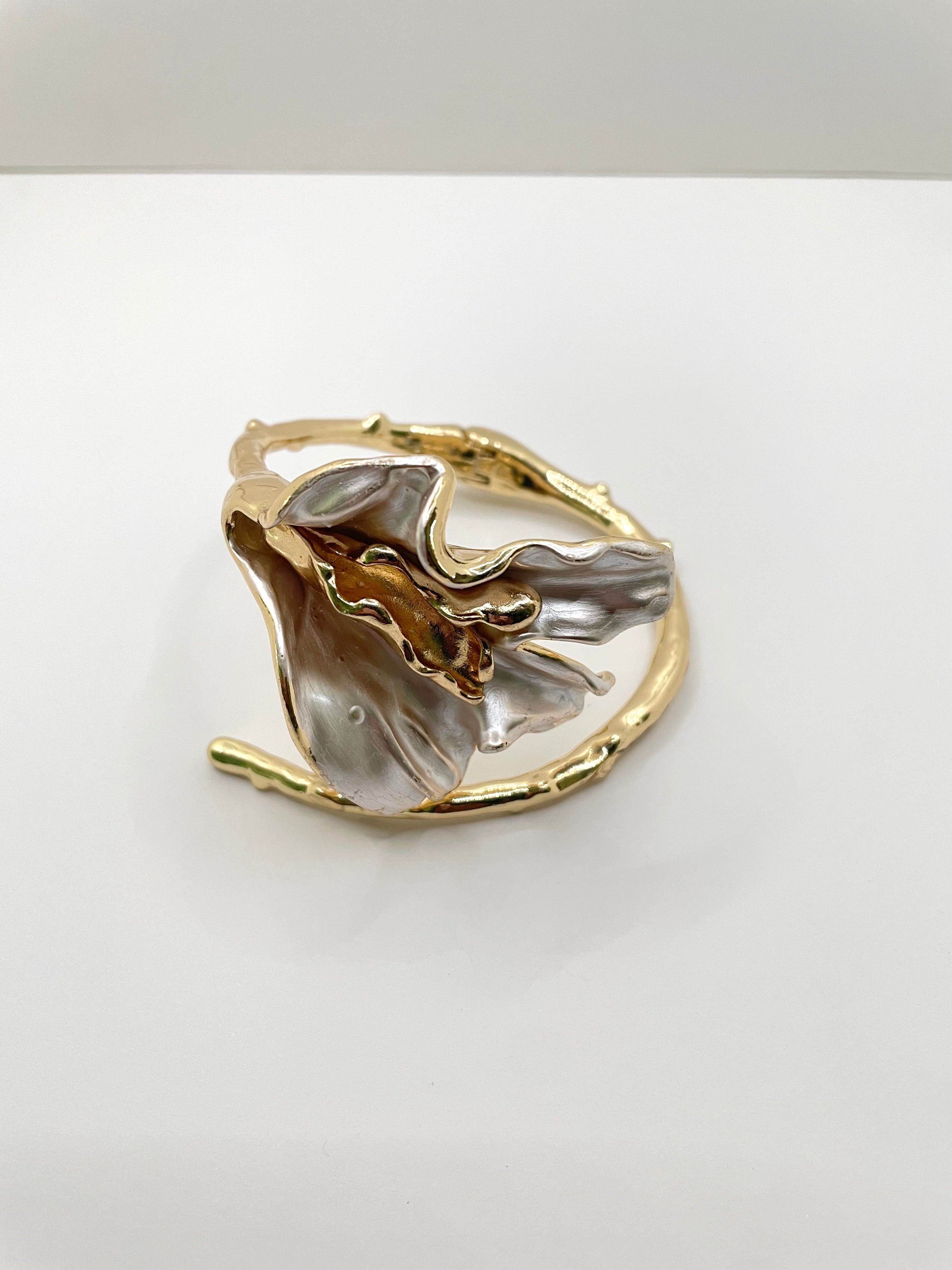 Lerato Gold & Cream Hand Painted Flower Wrist Cuff