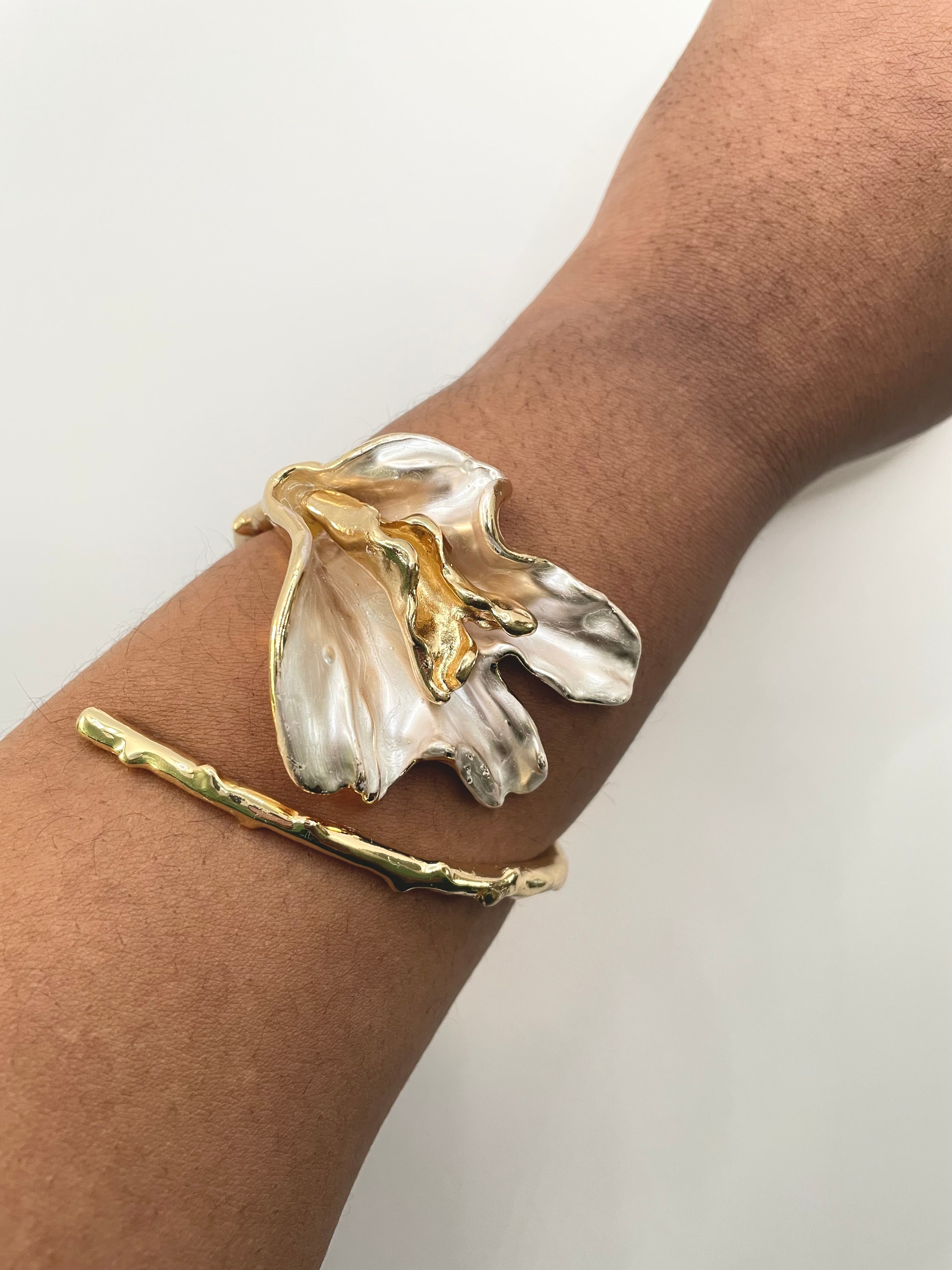 Lerato Gold & Cream Hand Painted Flower Wrist Cuff