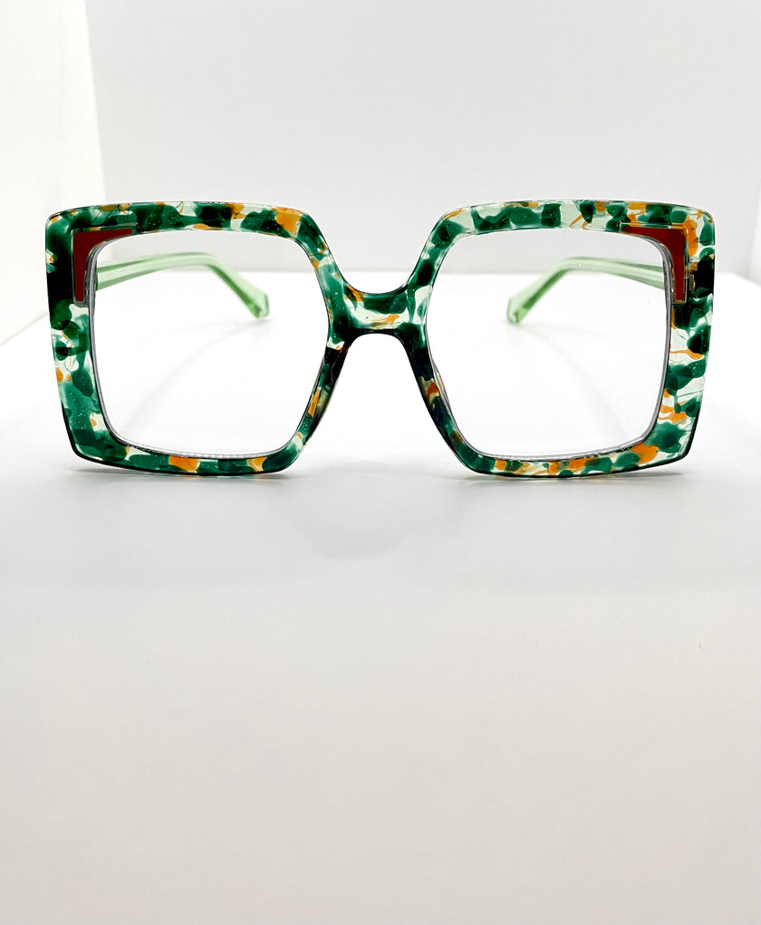 Eze Oversized Green Terrazzo Transparent Lens Glasses