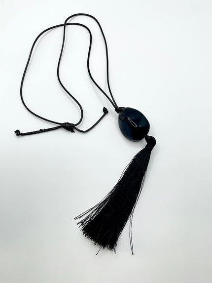 Usibone Long Black Tassel Pendant Necklace