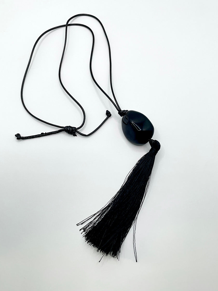 Usibone Long Black Tassel Pendant Necklace