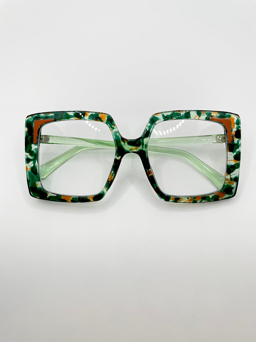 Eze Oversized Green Terrazzo Transparent Lens Glasses