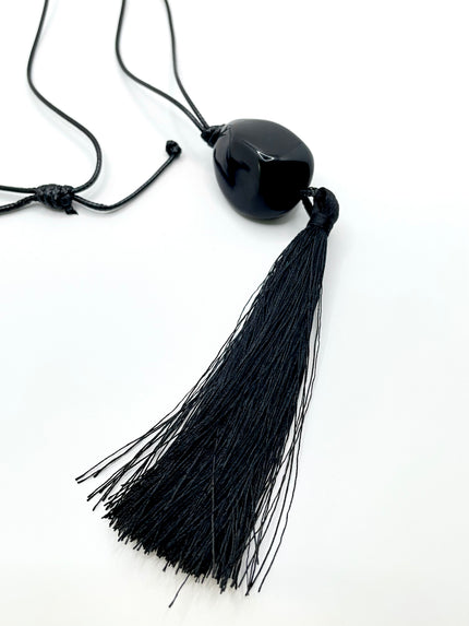 Usibone Long Black Tassel Pendant Necklace