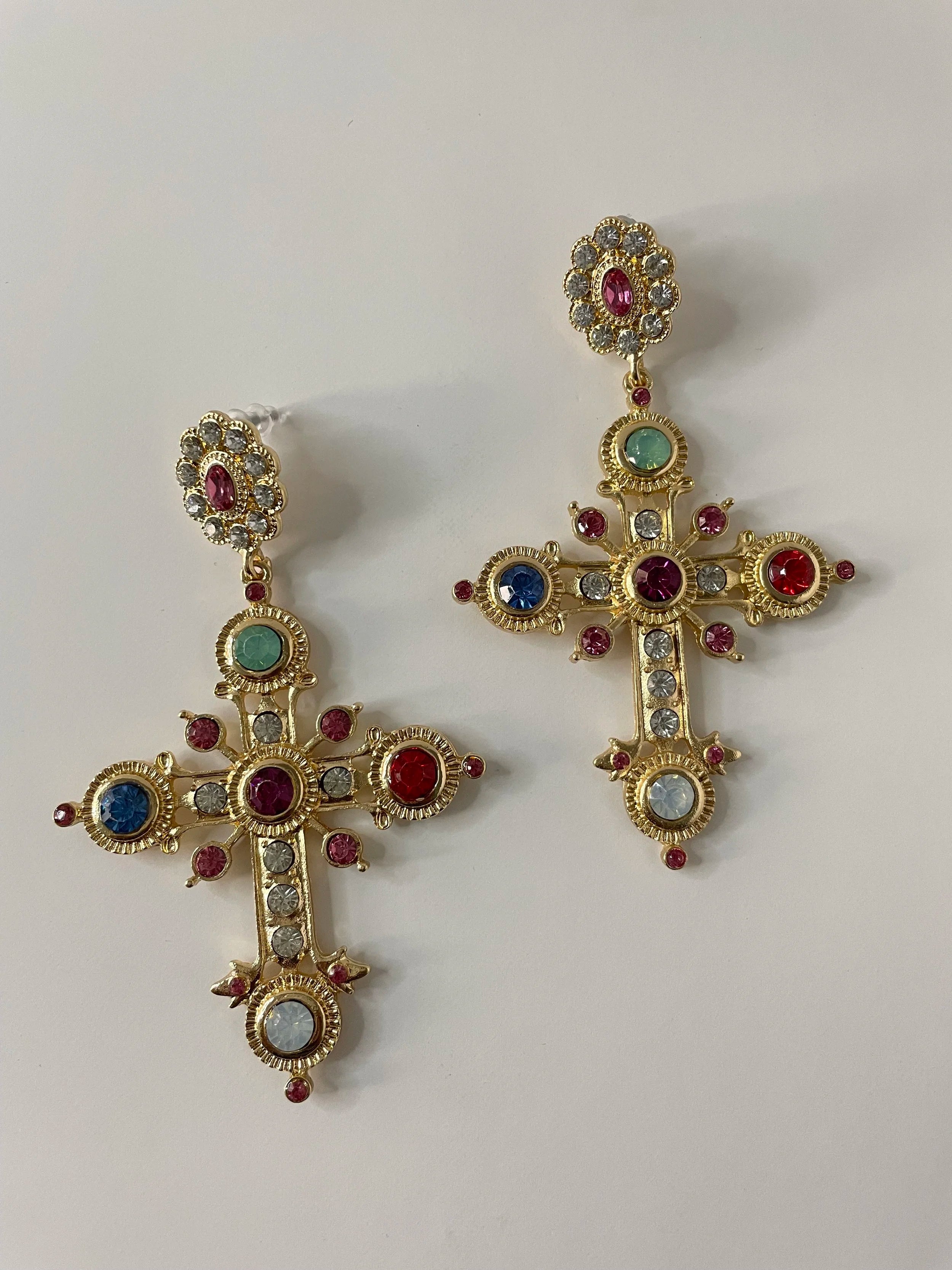 Nondu Embellished Multicoloured Cross Earrings