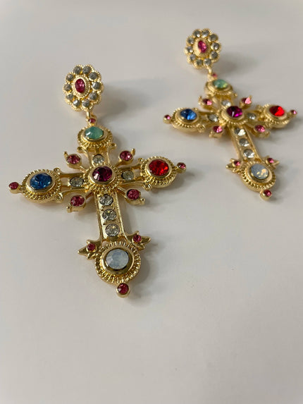 Nondu Embellished Multicoloured Cross Earrings