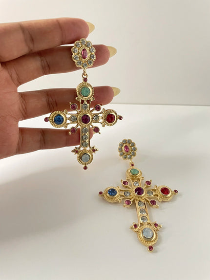 Nondu Embellished Multicoloured Cross Earrings