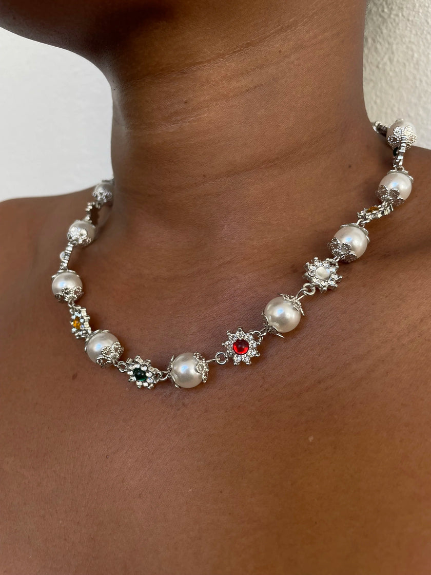 Ini Silver Pearl & Gem Short Necklace