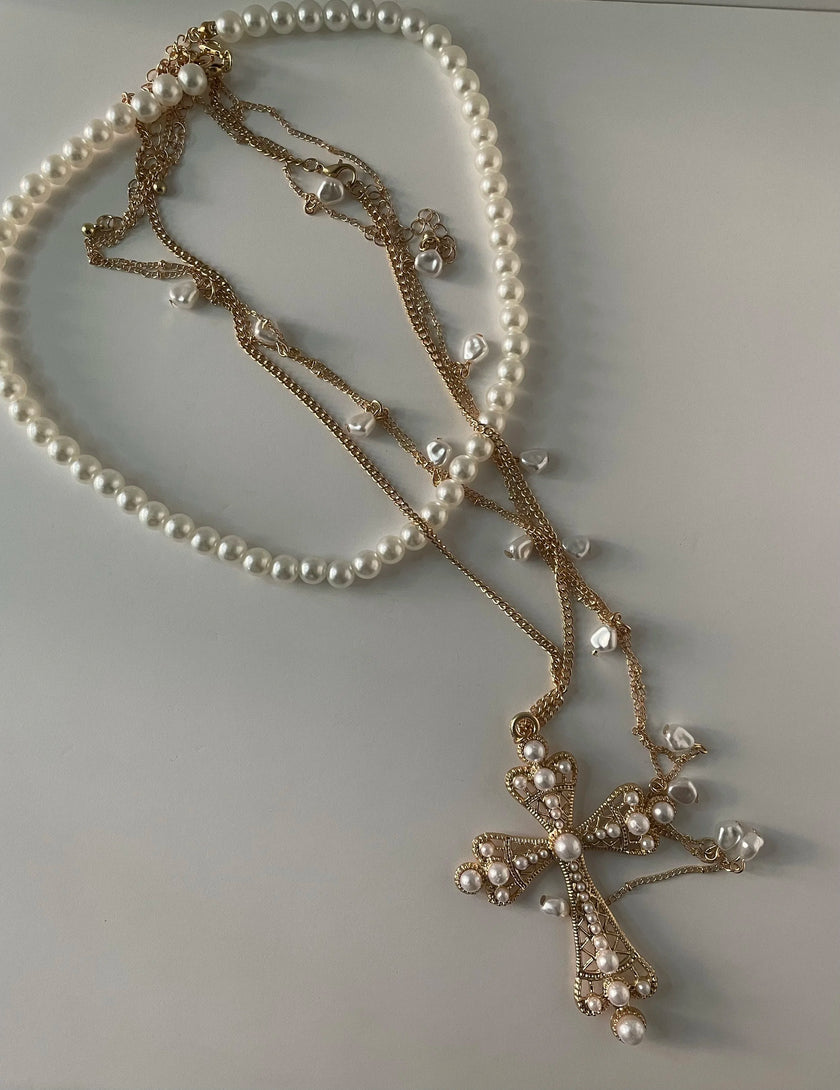 Sibulele Gold & Pearl & Layered Cross Necklace