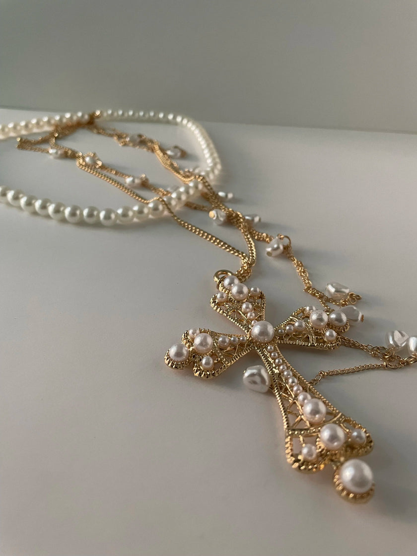 Sibulele Gold & Pearl & Layered Cross Necklace