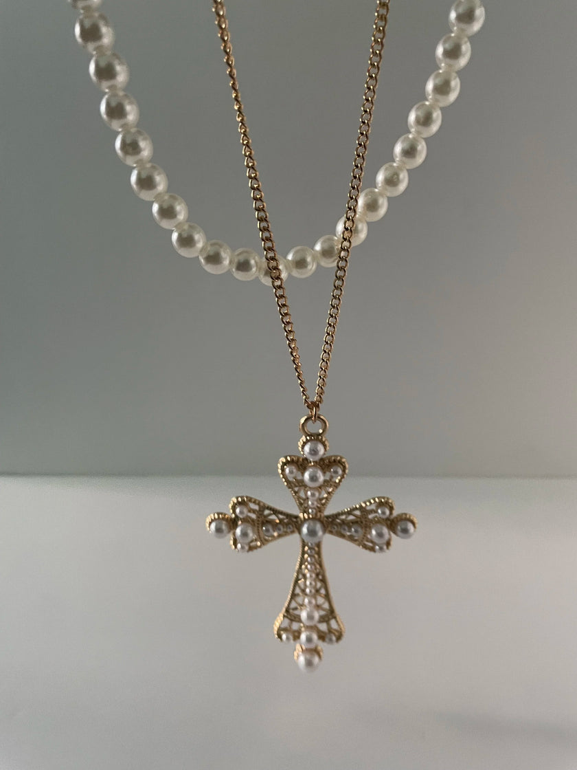 Sibulele Gold & Pearl & Layered Cross Necklace