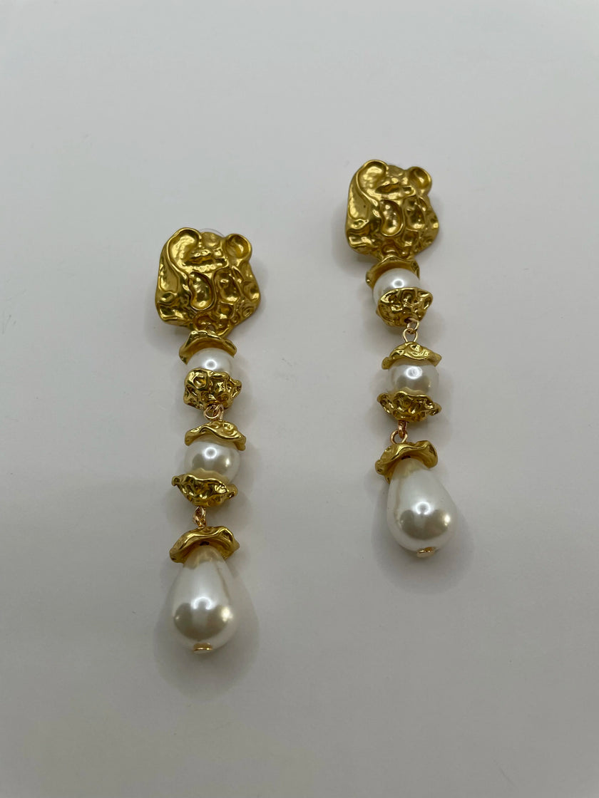 Fezile Gold Elongated Baroque Pearl Flower  Earrings