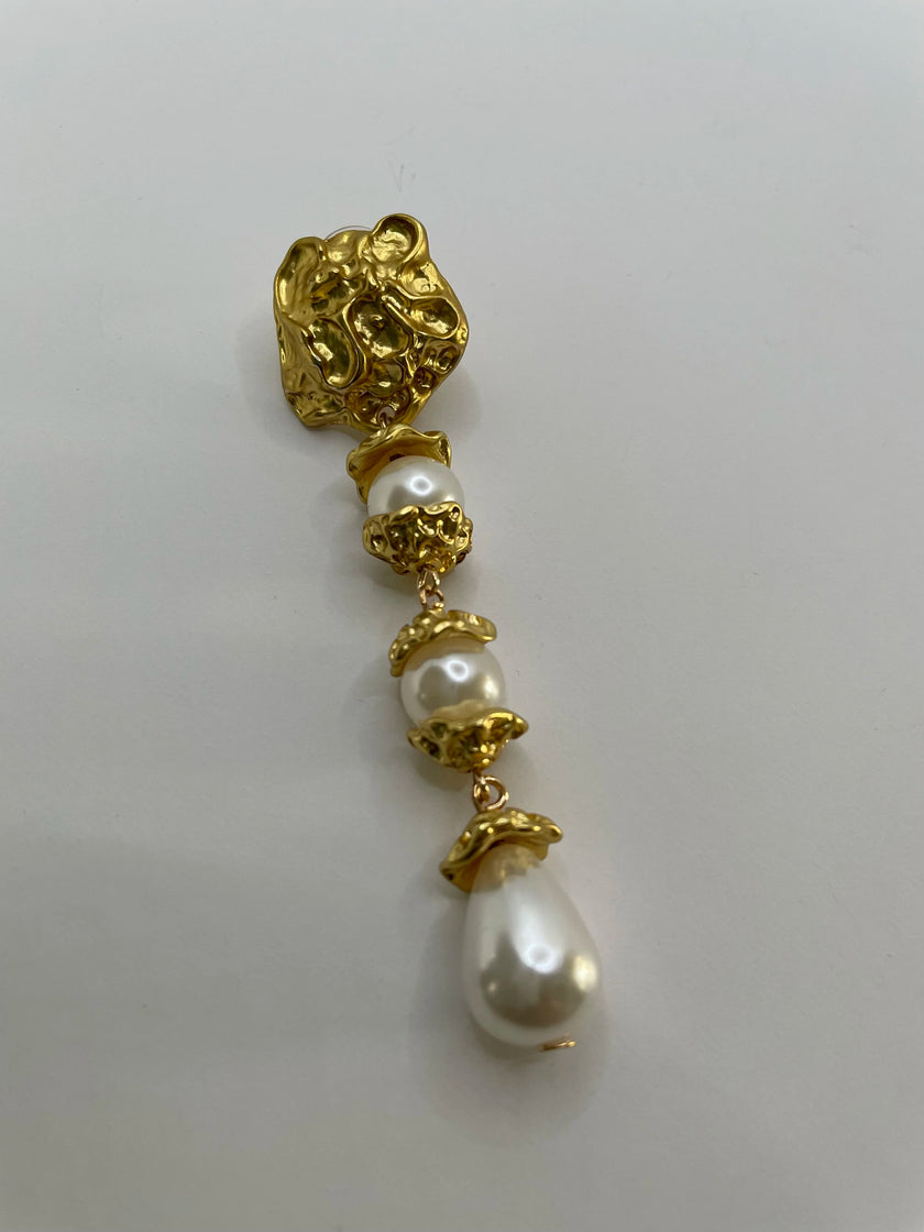 Fezile Gold Elongated Baroque Pearl Flower  Earrings