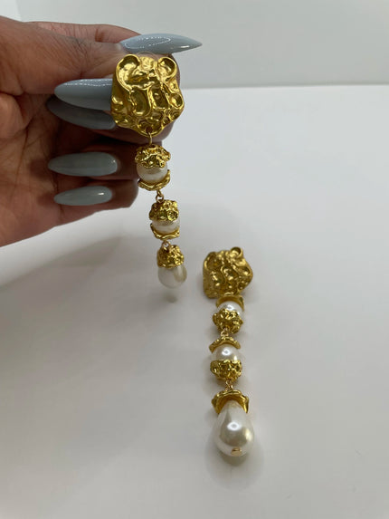 Fezile Gold Elongated Baroque Pearl Flower  Earrings