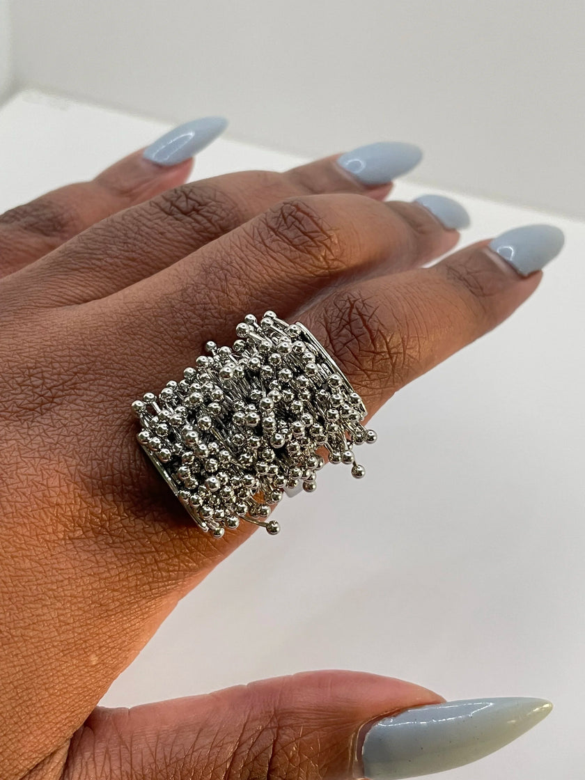 Taahira Silver Multi - Layer Metal Bead Ring