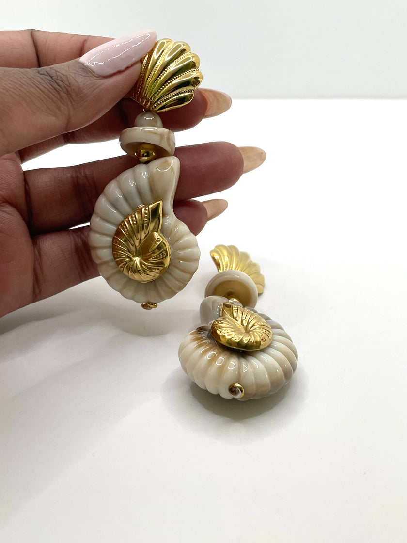 Sibongile Gold & Cream Conch Drop Earrings