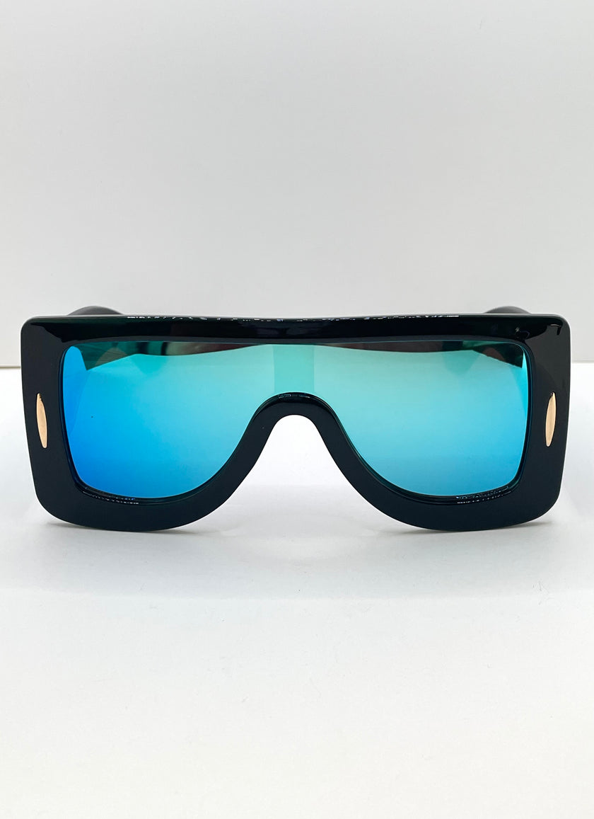 Zethu Oversized Black & Blue Visor Style Tinted Lens Sunglasses