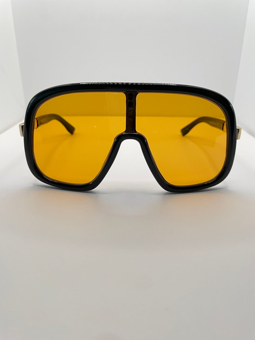 Lotte Oversized Black Visor Style Tinted Orange Lens Sunglasses