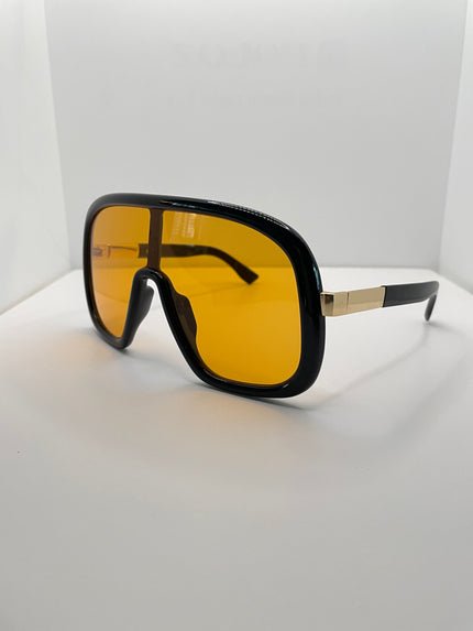 Lotte Oversized Black Visor Style Tinted Orange Lens Sunglasses