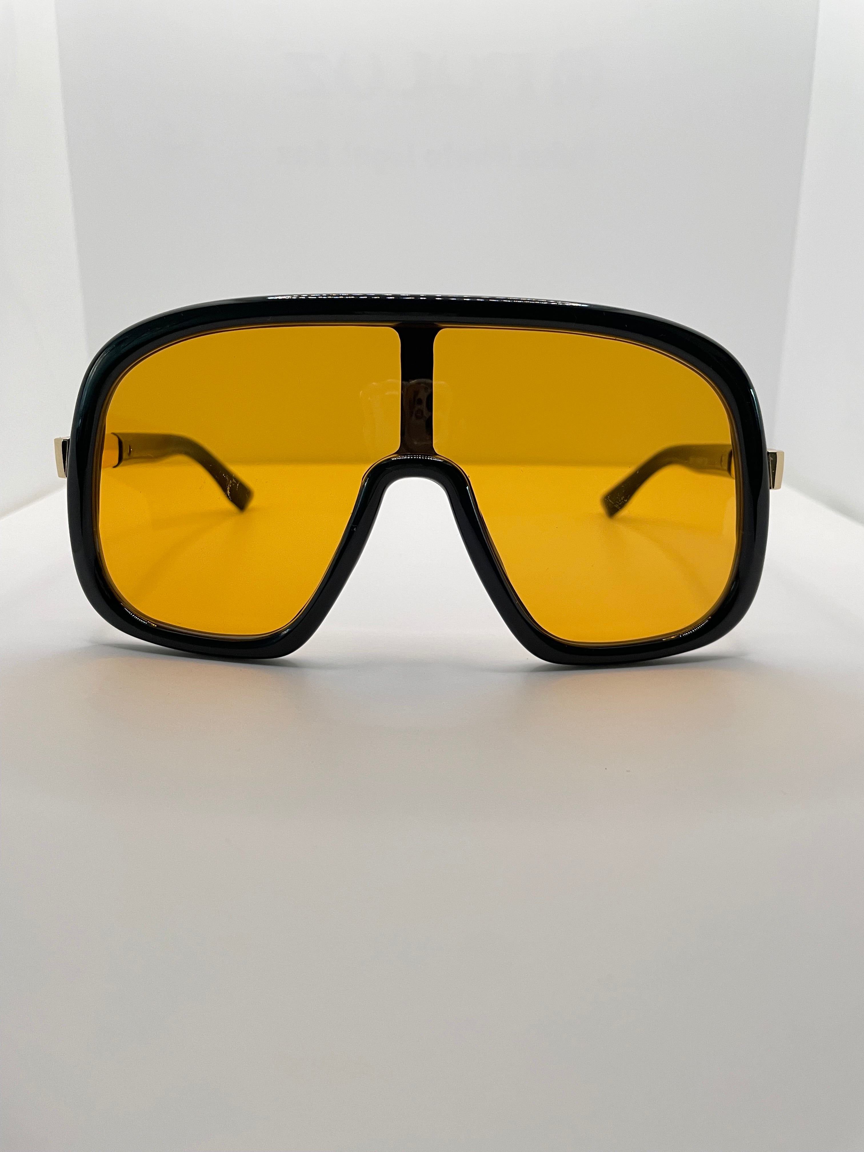 Lotte Oversized Black Visor Style Tinted Orange Lens Sunglasses