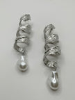 Nesisa Silver & Pearl Textured Ribbon Earrings