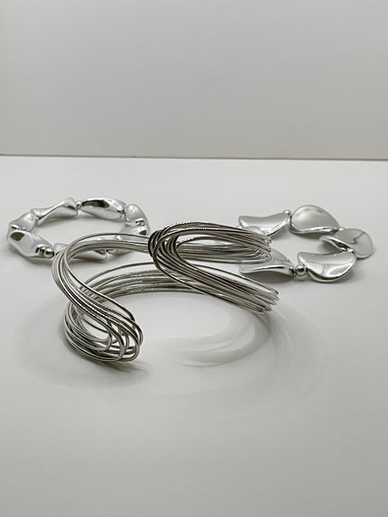 Thuledu Silver Irregular Bead & Bangle Bracelet Set