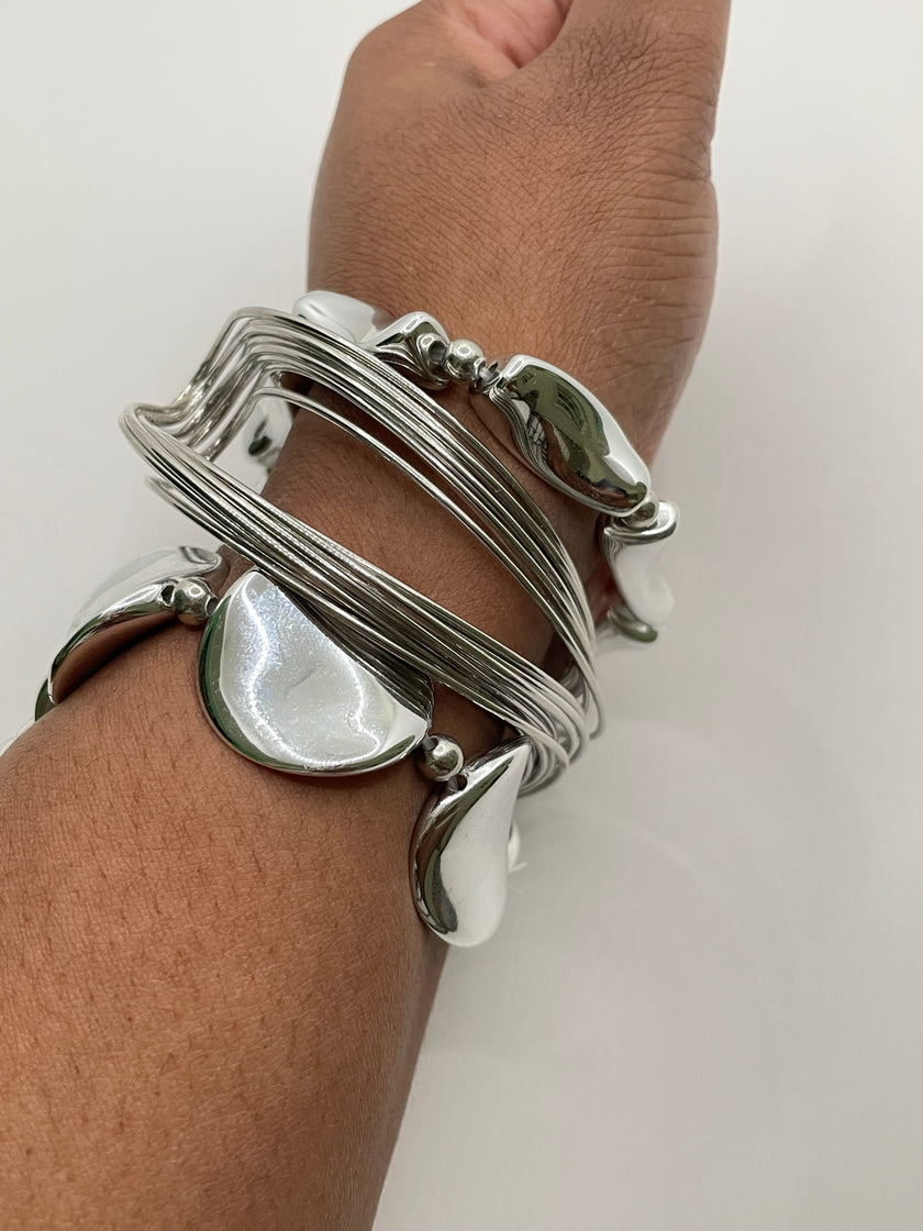 Thuledu Silver Irregular Bead & Bangle Bracelet Set