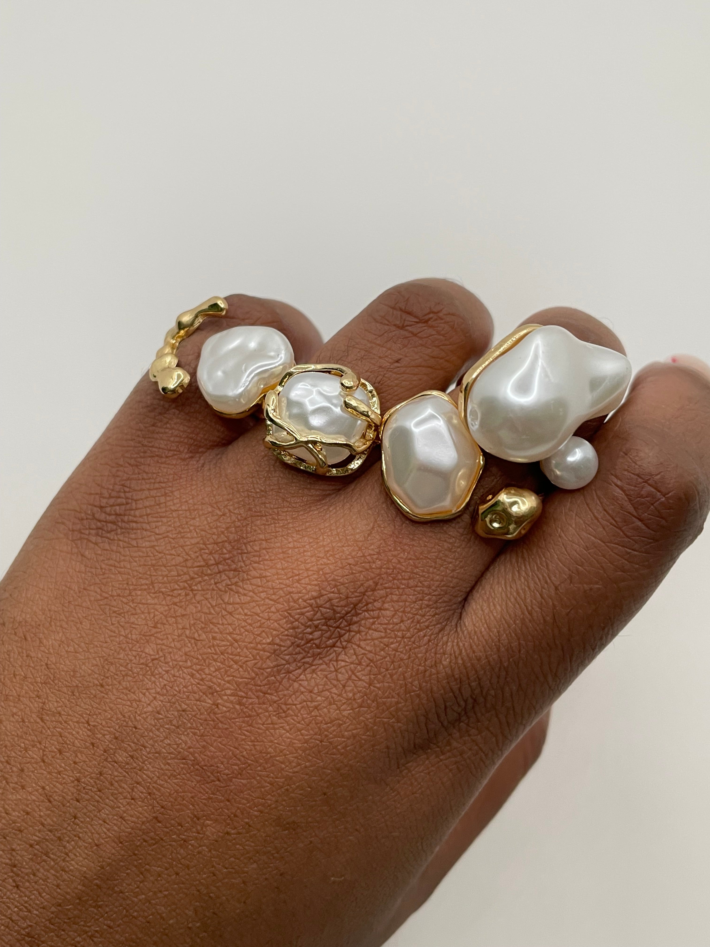 Jabulisa Gold & Pearl Geometric Ring Set