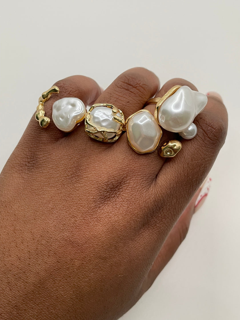 Jabulisa Gold & Pearl Geometric Ring Set