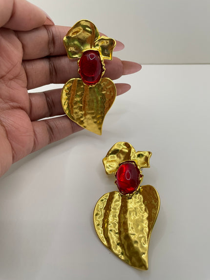 Lamiez Statement Red Gem Oversized Petal Earrings
